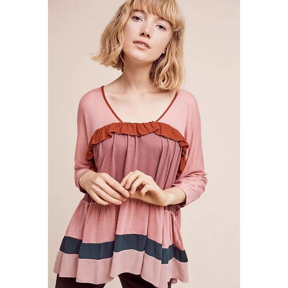 ANTHROPOLOGIE MEADOW RUE sz S Mina Pink color block tiered top EUC - Picture 2 of 5